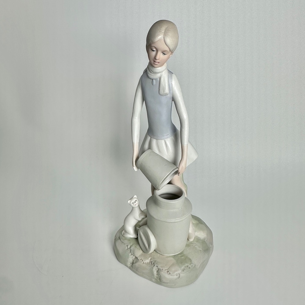 Vintage Bisque Porcelain Girl With Cat Milk Can Figurine Cottagecore Decor
